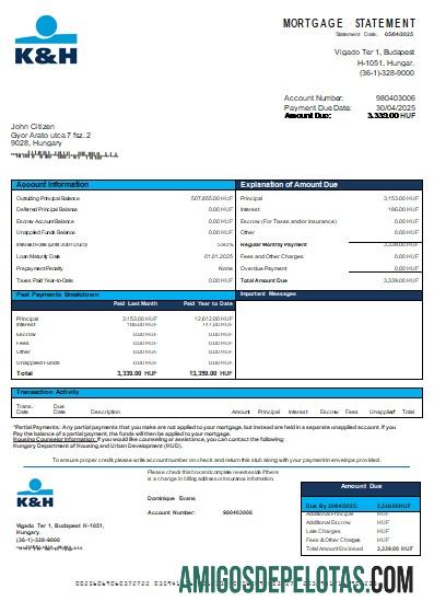 Declaração de hipoteca bancária do Hungria K&H Bank modelo